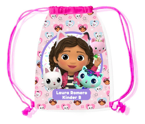 Mochila Morral La Casa De Gabby Bolsa Tela Colegio Jardin Fucsia Estampado