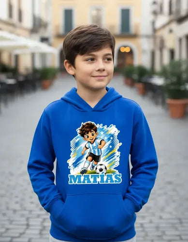 Polerón Canguro Futbol Argentina Niño Personalizado Algodon 14 Azul Futbol Argentina