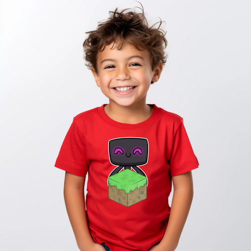 Polera Color Algodón 100% Niños Enderman Minecraft