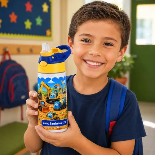 Botella De Agua Para Niños Personalizada Construcción Niños Blanco
