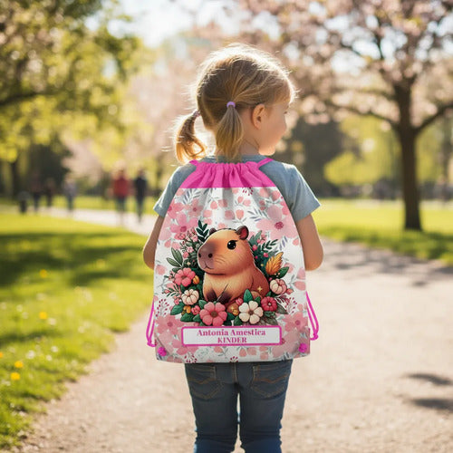 Mochila Morral Capibara  Personalizada Bolsa Tela Colegio Fucsia Estampado