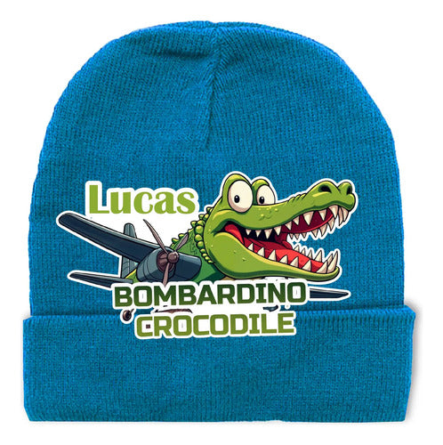 Gorro Lana Bombardino Cocodrilo Brainrot Personalizado Niños Azul Petróleo Talla Niños