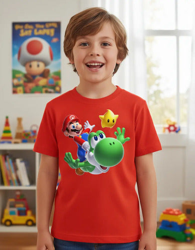 Polera Color Algodón 100% Niños Mario Bros Yoshi Estrella