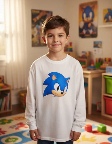 Camiseta Polar Manga Larga Polera Niño Sonic Cabeza