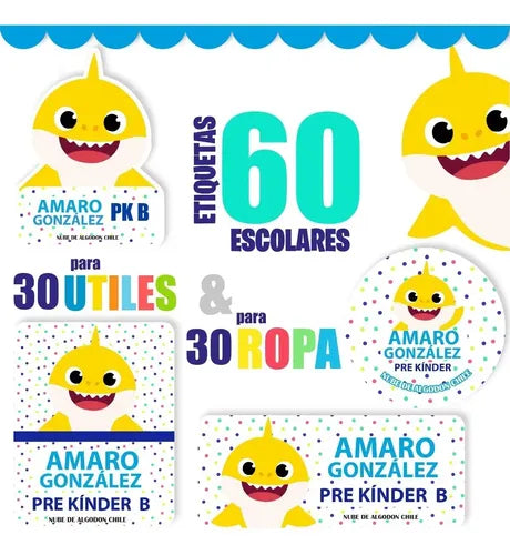 Etiquetas Marcar Ropa Y Utiles Escolares Baby Shark Niño Amarillo Unica