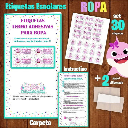 Etiquetas Marcar Ropa Y Utiles Escolares Baby Shark Niña Rosa