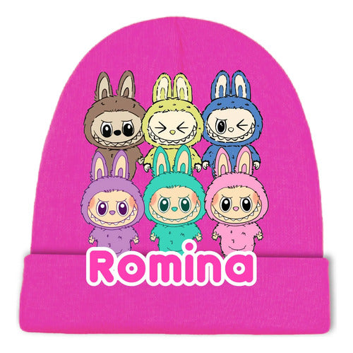 Gorro Lana Labubu Personalizado Niñas Rosa Talla Niñas