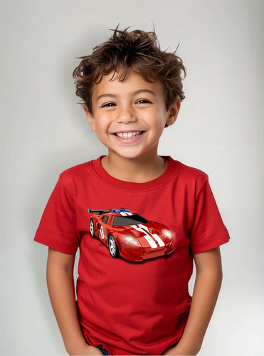 Polera Color Algodón 100% Niños Auto Rojo Hot