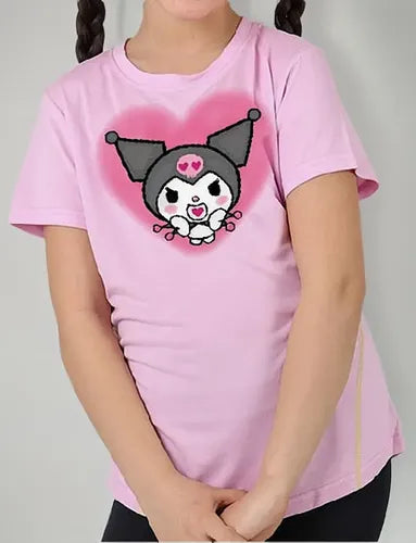 Polera Color Algodón 100% Niñas Kuromi Corazon