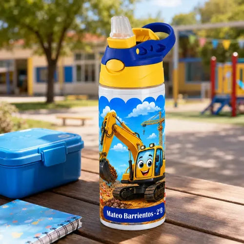 Botella De Agua Para Niños Personalizada Excavadora Niños Blanco