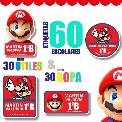 Etiquetas Para Marcar Ropa Y Utiles Escolares Mario Bros Rojo Unica