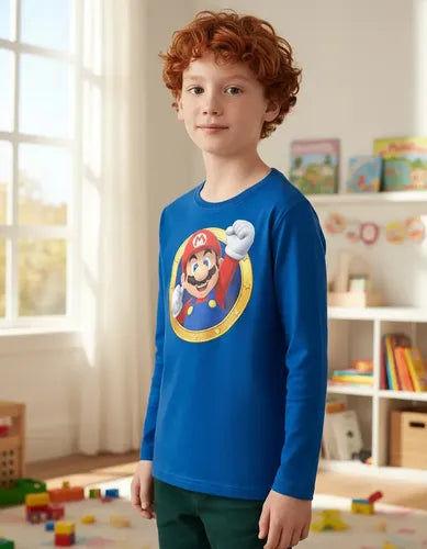 Polera Manga Larga Algodón Niños Mario Bros Puño