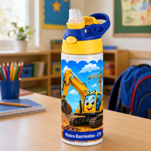 Botella De Agua Para Niños Personalizada Excavadora Niños Blanco