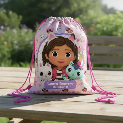 Mochila Morral La Casa De Gabby Bolsa Tela Colegio Jardin Fucsia Estampado
