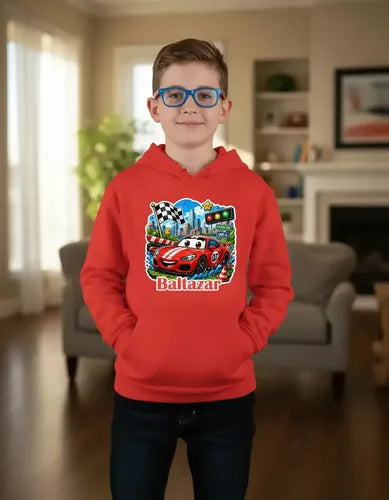 Polerón Canguro Auto Car Rojo Carreras Niños Personalizado