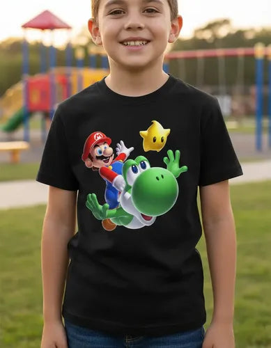Polera Color Algodón 100% Niños Mario Bros Yoshi Estrella