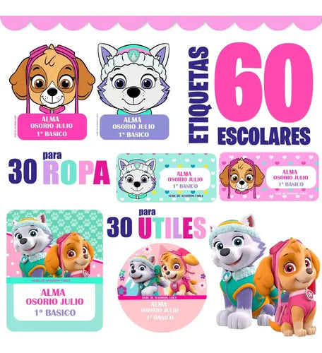 Etiquetas Escolares Personalizadas Skye Everest Paw Patrol Rosa