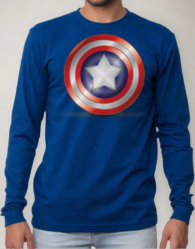 Polera Manga Larga Algodón Niños Capitan America Escudo
