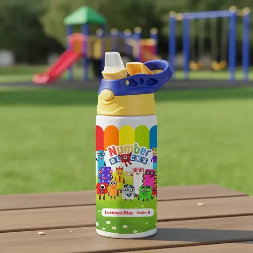 Botella Agua Colegio Number Blocks Personalizada Niños Blanco