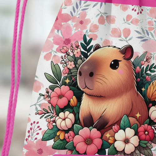 Mochila Morral Capibara  Personalizada Bolsa Tela Colegio Fucsia Estampado