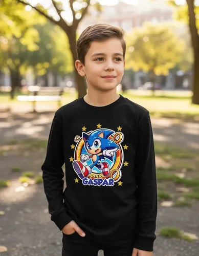 Polera Sonic Manga Larga Personalizada Niños  Algodon D1