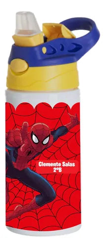Botella Agua Colegio Spiderman Personalizada Niños Blanco