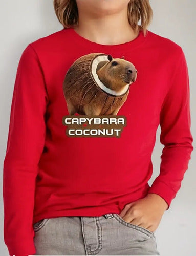 Polera Manga Larga Algodón Niños Capibara Coconut Brainrot