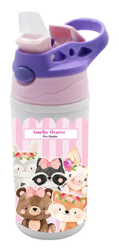 Botella Agua Colegio Animalitos Tiernos Personalizada Niñas Blanco