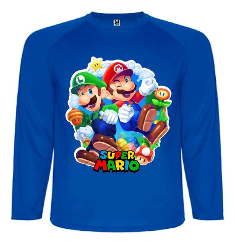 Polera Mario Bros Manga Larga Personalizada Niños Algodon