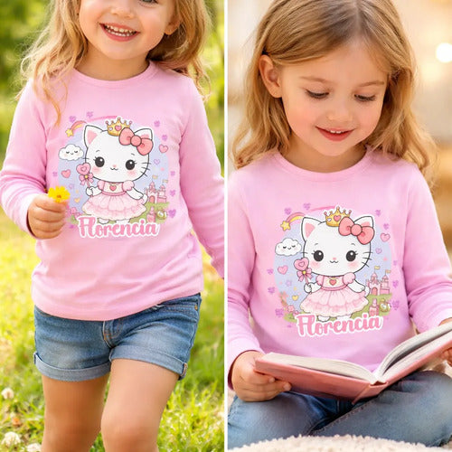Polera Gatita Unicornio Kawai Personalizada Niña Manga Larga