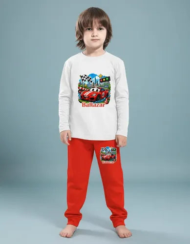 Pijama Largo Auto Car Rojo Niño Personalizado Algodón