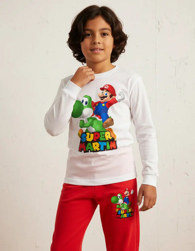 Pijama Largo Mario Bros - Yoshi Personalizado 100% Algodón
