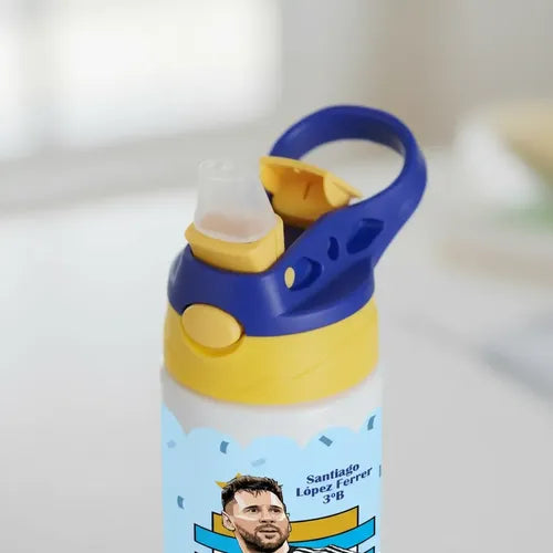 Botella Agua Colegio Messi Futbol Personalizada Niños Blanco