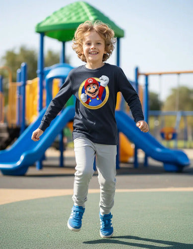 Polera Manga Larga Algodón Niños Mario Bros Puño