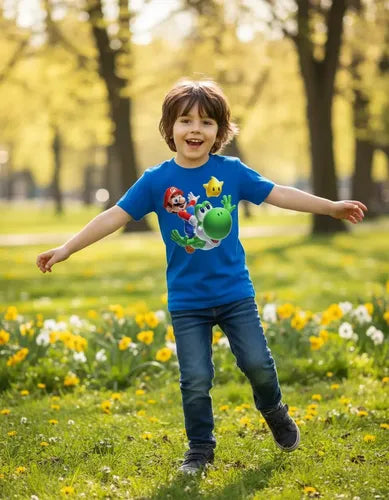 Polera Color Algodón 100% Niños Mario Bros Yoshi Estrella