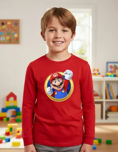 Polera Manga Larga Algodón Niños Mario Bros Puño