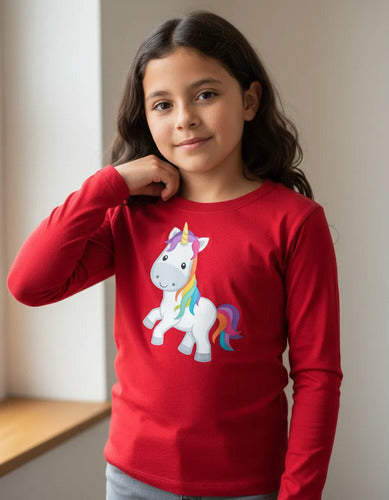 Polera Manga Larga Algodón Niñas Unicornio Arcoiris
