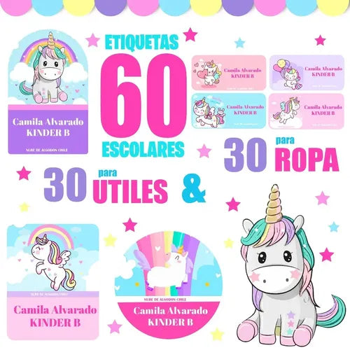 Etiquetas Para Marcar Ropa Y Utiles Escolares Unicornios Rosa Unica