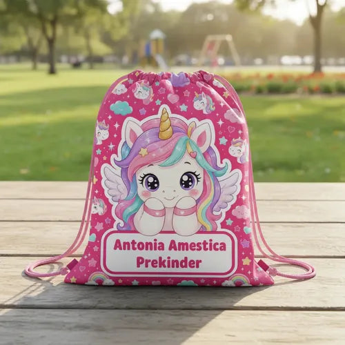 Mochila Morral Tela Unicornio Personalizada Colegio Jardin Fucsia Estampado