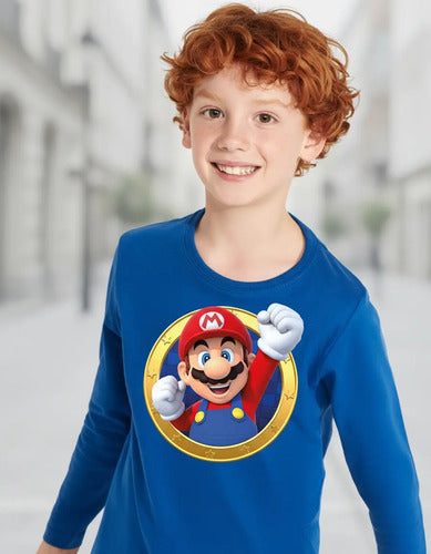 Polera Manga Larga Algodón Niños Mario Bros Puño