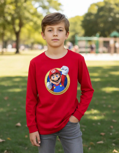 Polera Manga Larga Algodón Niños Mario Bros Puño