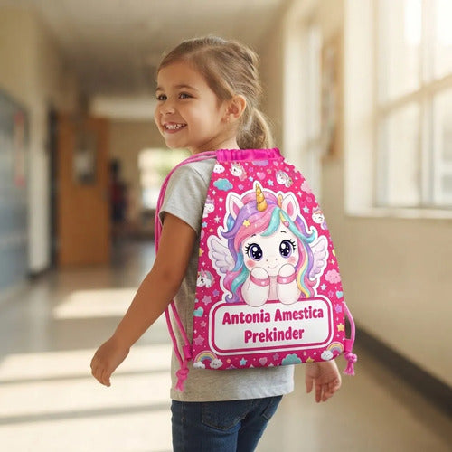 Mochila Morral Tela Unicornio Personalizada Colegio Jardin Fucsia Estampado