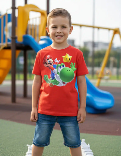 Polera Color Algodón 100% Niños Mario Bros Yoshi Estrella