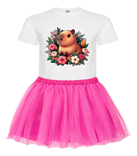 Disfraz Vestido Capibara  Polera + Tutú Niñas Detalles Glitter Flex