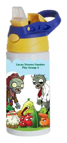 Botella Agua Colegio Plantas Vs Zombies Personalizada Niños  Blanco