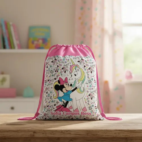 Mochila Bolsa Tela Jardin Infantil Colegio Minnie Unicornio Fucsia