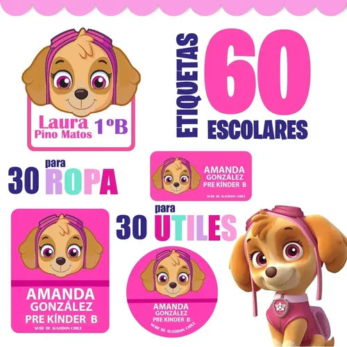 Etiquetas Marcar Ropa Y Utiles Escolares Skye Paw Patrol  Rosa Unica