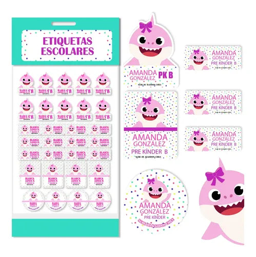 Etiquetas Marcar Ropa Y Utiles Escolares Baby Shark Niña Rosa