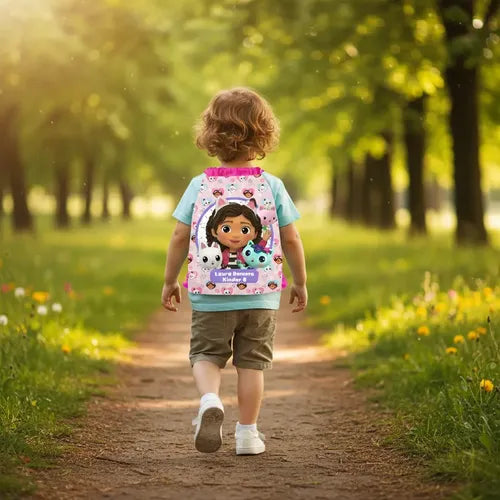 Mochila Morral La Casa De Gabby Bolsa Tela Colegio Jardin Fucsia Estampado