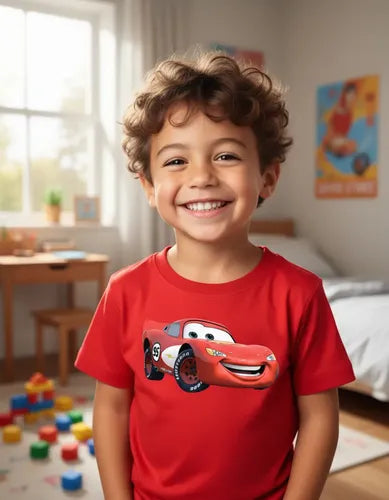 Polera Color Algodón 100% Niños Auto Rojo Rayo